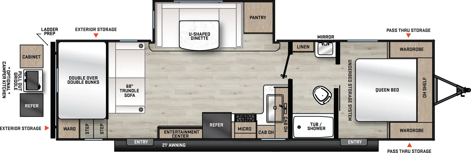 The Catalina Summit Series 8 271DBS floorplan has two entries and one slide out. Exterior features include: metal exterior, 21' awning and outside kitchen. Interiors features include: bunk beds, u-dinette, front bedroom and pass through bathroom.